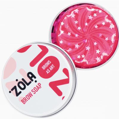Sabonete para sobrancelhas Zôla em embalagem redonda com gel rosa e estrelas brancas