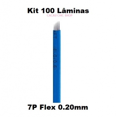 Kit 100 lâminas 7P Flex 0.20mm para microblading com corpo azul e agulhas metálicas