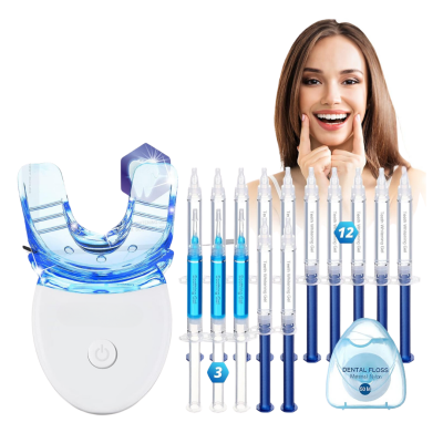 Conjunto para branqueamento dentário com moldeira LED, seringas e fio dental, mostrado com modelo sorridente