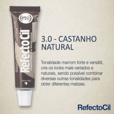Tubo de creme RefectoCil cor 3.0 - Castanho Natural com texto descritivo ao lado