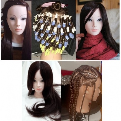 Manequins com diferentes penteados e texturas de cabelo castanho escuro