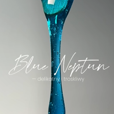 Líquido azul translúcido com bolhas pendente de aplicador, fundo cinzento e texto 'Blue Neptun'