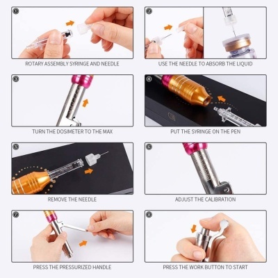 Instruções de uso de caneta dosimétrica com imagens mostra montagem, absorção de líquido e ajustes.