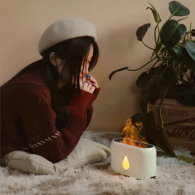 Pessoa com suéter vermelho a olhar para um aquecedor branco com luz amarela, sentada num tapete bege ao lado de planta e caixa