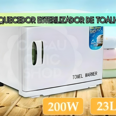 Aquecedor esterilizador de toalhas branco com alça preta, etiqueta azul, indicado 200W e 23L, com toalhas coloridas ao fundo sobre madeira.
