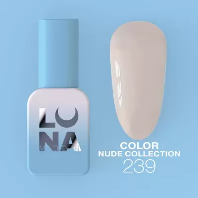 Esmalte de unhas nude coleção 239 em embalagem azul claro com amostra da cor