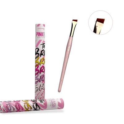pincel de maquilhagem cor-de-rosa com embalagem branca colorida