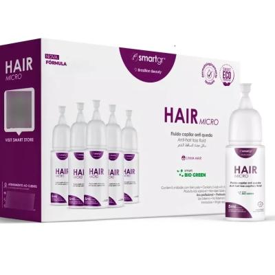 Fluidos capilares anti queda HAIR MICRO da smartgr em caixa branca e roxa com cinco frascos