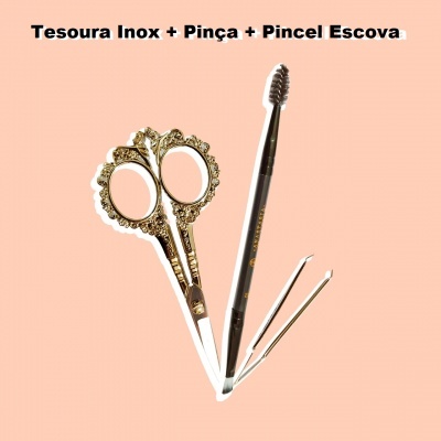 Conjunto de tesoura, pinça e pincel escova em fundo rosa claro com texto