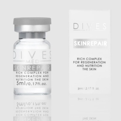 Frasco e caixa do produto Dives Med Skin Repair para regeneração e nutrição da pele