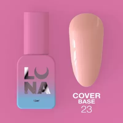 Verniz de unhas LUNA NAIL e amostra de cor COVER BASE 23 sobre fundo rosa.