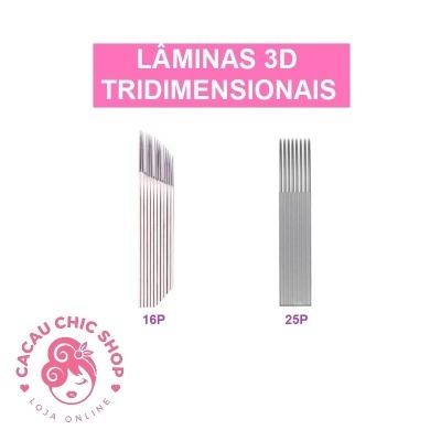 Lâminas metálicas para tatuagem 3D identificadas como 16P e 25P com texto rosa e selo da loja
