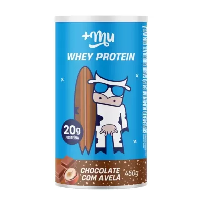 Embalagem azul e castanha de Whey Protein sabor chocolate com avelã, 450g, com vaca ilustrada e texto explicativo.