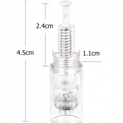 Componente cilíndrico transparente com mola interior e medidas destacadas