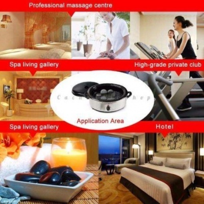 Colagem de imagens de spa, massagem, ginásio e quarto de hotel com texto em inglês