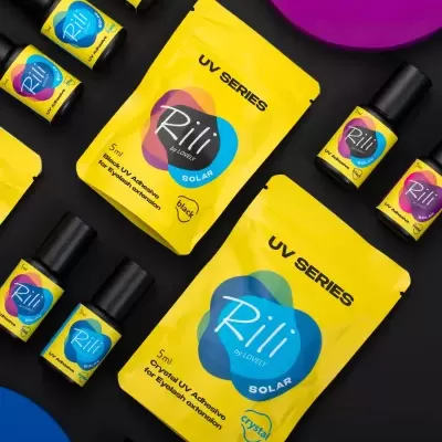 Produtos Rili UV Adhesive para extensão de pestanas com embalagens e frascos amarelos