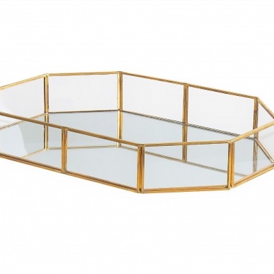 Bandeja decorativa octogonal metálica dourada com base de espelho