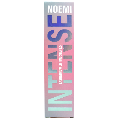 Embalagem rectangular com texto NOEMI LASH&BROW LIFTING STEP 1.5 em tons de azul e branco