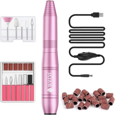 Máquina de manicure elétrica rosa metálica com acessórios, cabo USB e peças de lixa
