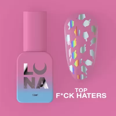 Verniz de unhas rosa e azul LUNA 13ml com decoração holográfica e texto TOP F*CK HATERS