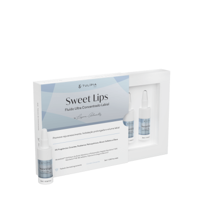 Produto Sweet Lips Fluído Ultra Concentrado Labial em frasco dentro de caixa branca com duas ampolas.
