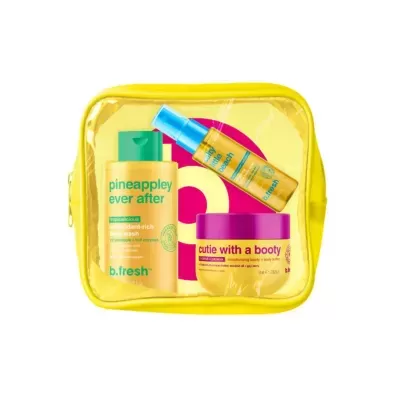 Conjunto de produtos b.fresh com body wash, body butter e spray em bolsa plástica amarela