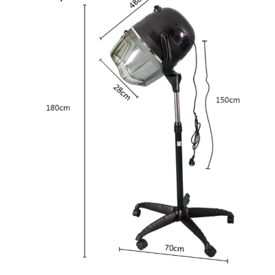 Secador de cabelo profissional com capuz preto, base com rodas e cabo elétrico