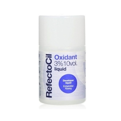 Frasco branco de RefectoCil Oxidant 3% 10vol. liquid com rótulo azul e branco