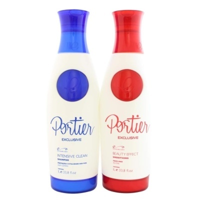 Dois frascos Portier Exclusive, shampoo azul e condicionador vermelho.