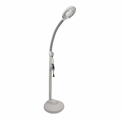 Ventilador de pé cinza com base redonda e secção flexível no topo