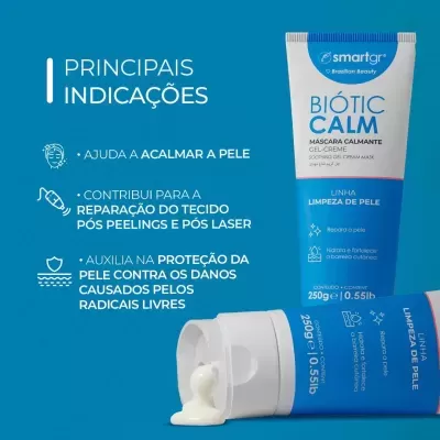 Máscara calmante facial smartgr Biotic Calm em embalagem azul e branca com creme escorrendo de um tubo aberto
