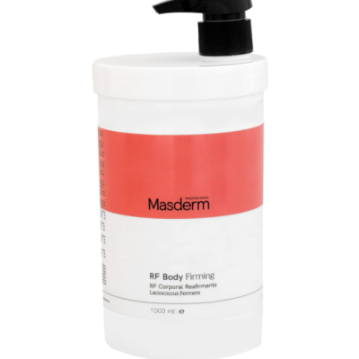 Frasco branco de creme corporal Masderm RF Body Firming com tampa preta e etiqueta coral