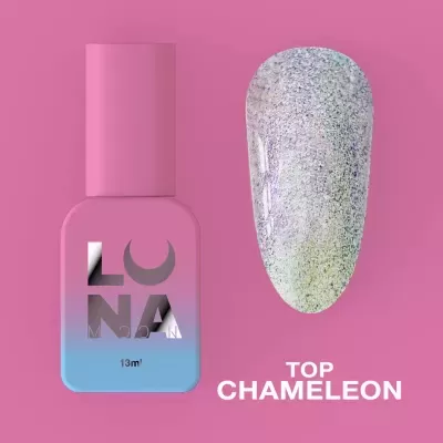 Frasco de verniz para unhas rosa e azul com unha cintilante e texto 'TOP CHAMELEON'