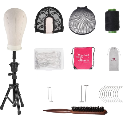 Conjunto de acessórios para perucas com suporte, toucas, linhas, alfinetes, sacos, ganchos, arcos e escova