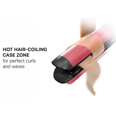 Modelador de cabelo rosa e preto com mecha loira e texto em inglês