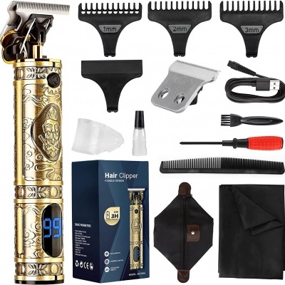 Conjunto de máquina de cortar cabelo dourada com acessórios e embalagem azul