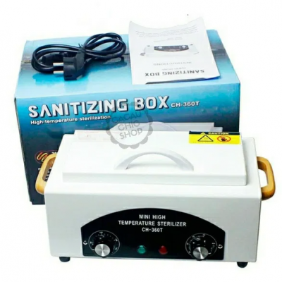 Aparelho esterilizador mini branco com pegas amarelas e caixa azul de embalagem