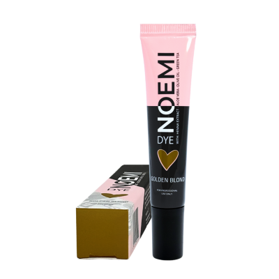 Tubo de tinta para cabelo NOEMI DYE Golden Blond em embalagem rosa e preta com caixa