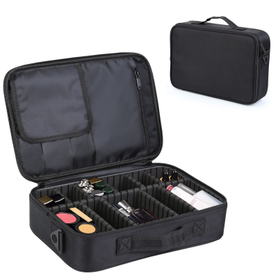 Estojo organizador preto com divisórias e produtos de maquilhagem