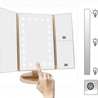 Espelho de maquilhagem com luzes LED, tríptico, base redonda e ampliação 2X e 3X