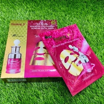 Máscara facial hidratante Silk Protein Hyaluronic Acid Supreme Facial Mask Haokou em embalagem dourada e rosa