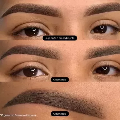 Três close-ups de sobrancelhas com pigmento marrom escuro em diferentes fases