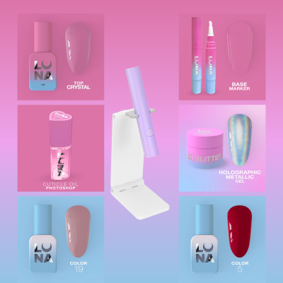 Produtos de unhas LUNA em fundo rosa e azul, com vernizes, óleo para cutículas, gel metálico holográfico e dispositivo lilás.