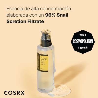 frasco de essência COSRX Advanced Snail 96 Mucin Power Essence com texto em espanhol ao fundo