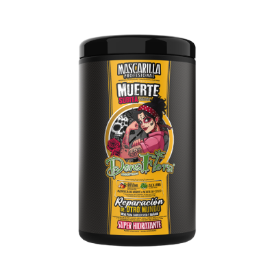 Frasco preto com rótulo amarelo e preto do produto capilar Muerte Subita Doña Flora