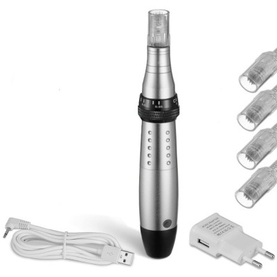 dispositivo de microagulhamento com ponteiras e adaptadores em fundo branco