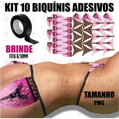 Kit 10 biquínis adesivos rosa com Torre Eiffel e padrão animal, fita adesiva preta, tamanho PMG, modelo com biquíni adesivo