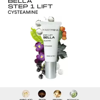 Tubo branco de cosmético Maxymova BELLA Step 1 Lift com folhas e frutos ao fundo