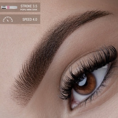 Close-up de um olho castanho com pestanas longas e sobrancelha definida