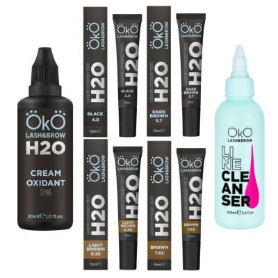 Produtos para sobrancelhas Öko Lash&Brow incluindo cream oxidant, tinturas H20 em várias cores e cleanser.